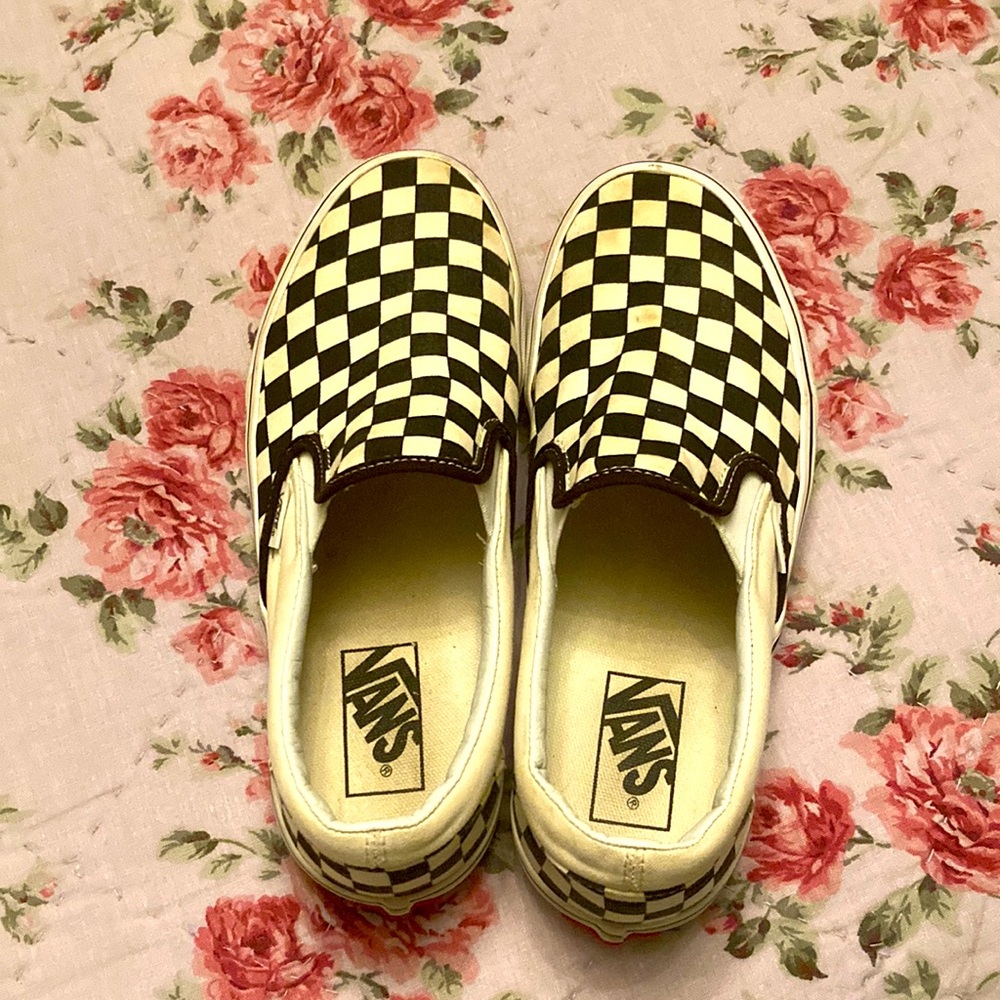 Worn once!!  Simple black/white checkered slip on vans in amazing condition!!